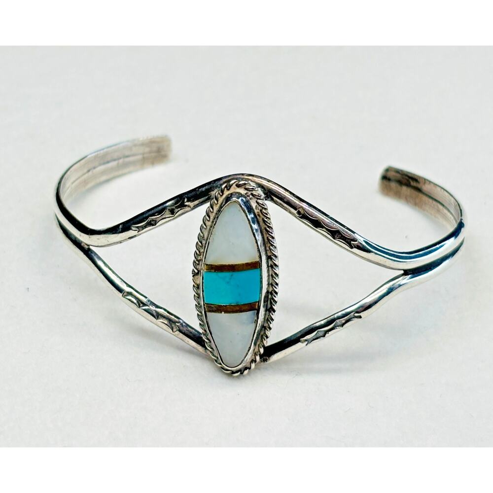 Vintage 925 Sterling Silver Inlay Cuff Bracelet Turquoise Mother of Pearl